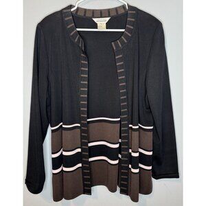 Exclusively Misook Cardigan Large Open Front Striped Black Brown Pink